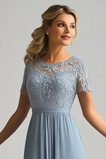 Dentelle Une ligne Bleu poussiéreux Mousseline de soie Col rond Manches courtes Mère de la mariée Robe